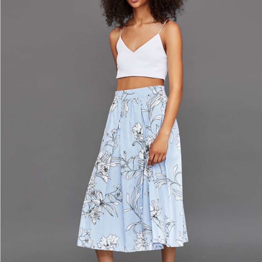 Zara Striped And Floral Midi Skirt